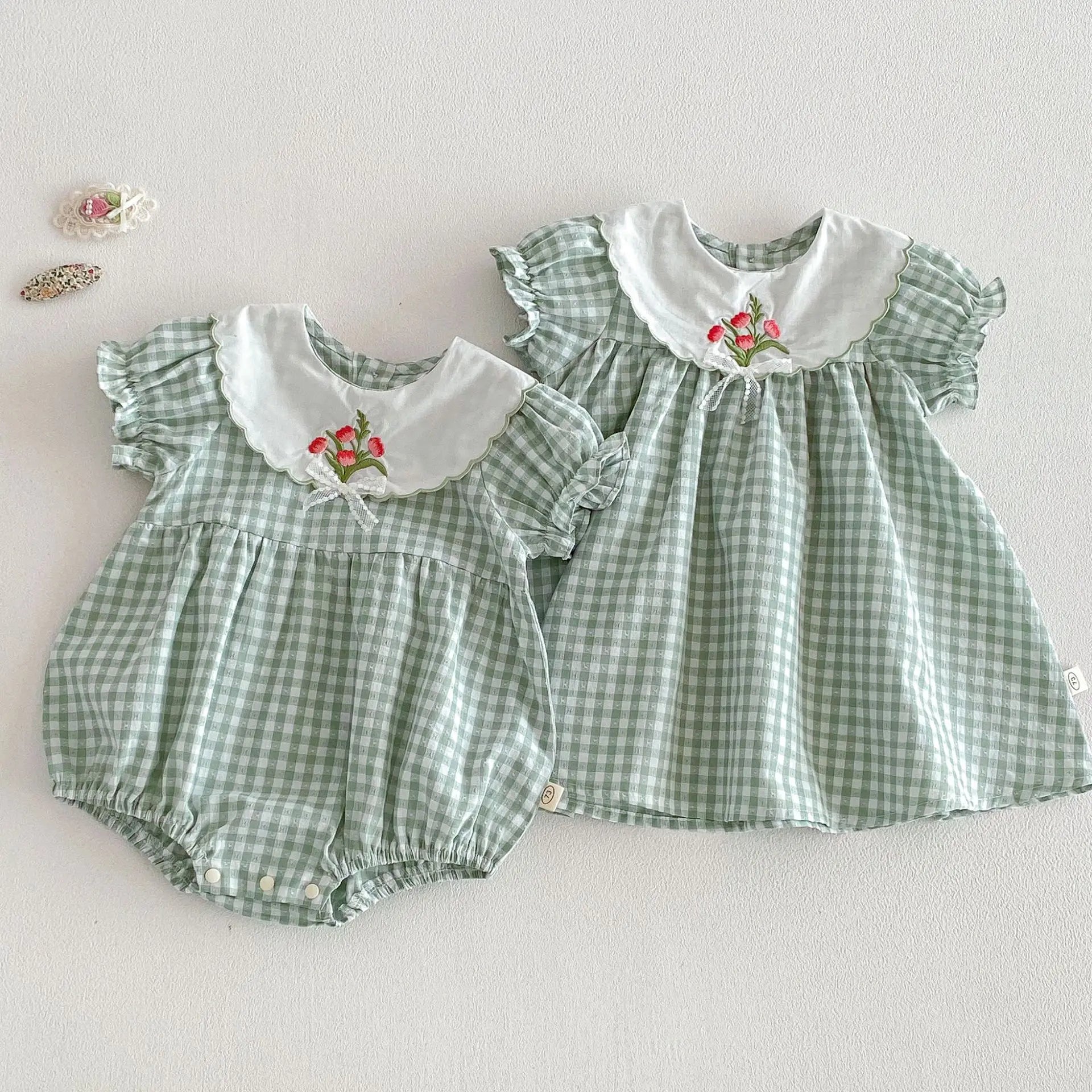 3M-2Y Summer Pastorale Style Plaid Baby Bodysuit Floral Embroidered Peter Pan Collar One Piece Clothes Green Soft Girls Romper