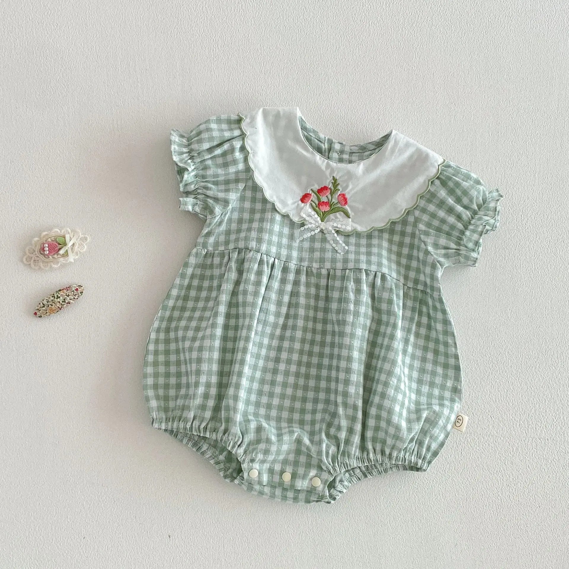 3M-2Y Summer Pastorale Style Plaid Baby Bodysuit Floral Embroidered Peter Pan Collar One Piece Clothes Green Soft Girls Romper