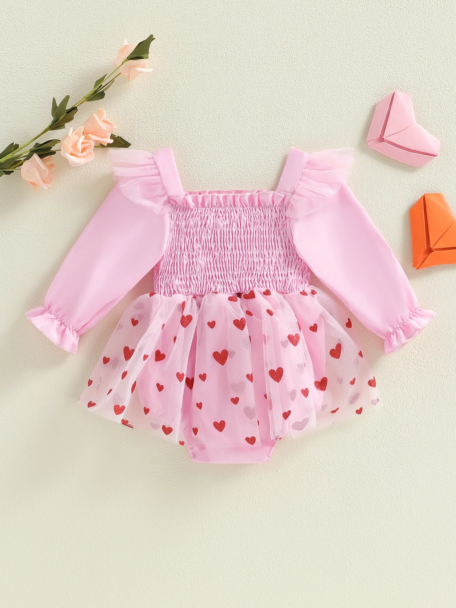 Infant Girls Heart Print Long Sleeve Romper Dress with Tulle Skirt Valentine s Day Outfit for Baby Girl