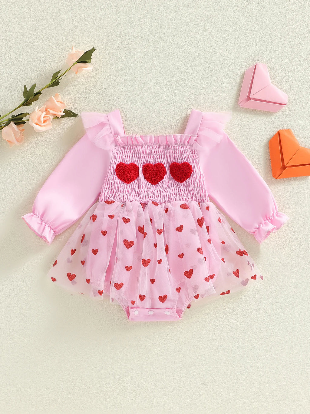 Infant Girls Heart Print Long Sleeve Romper Dress with Tulle Skirt Valentine s Day Outfit for Baby Girl