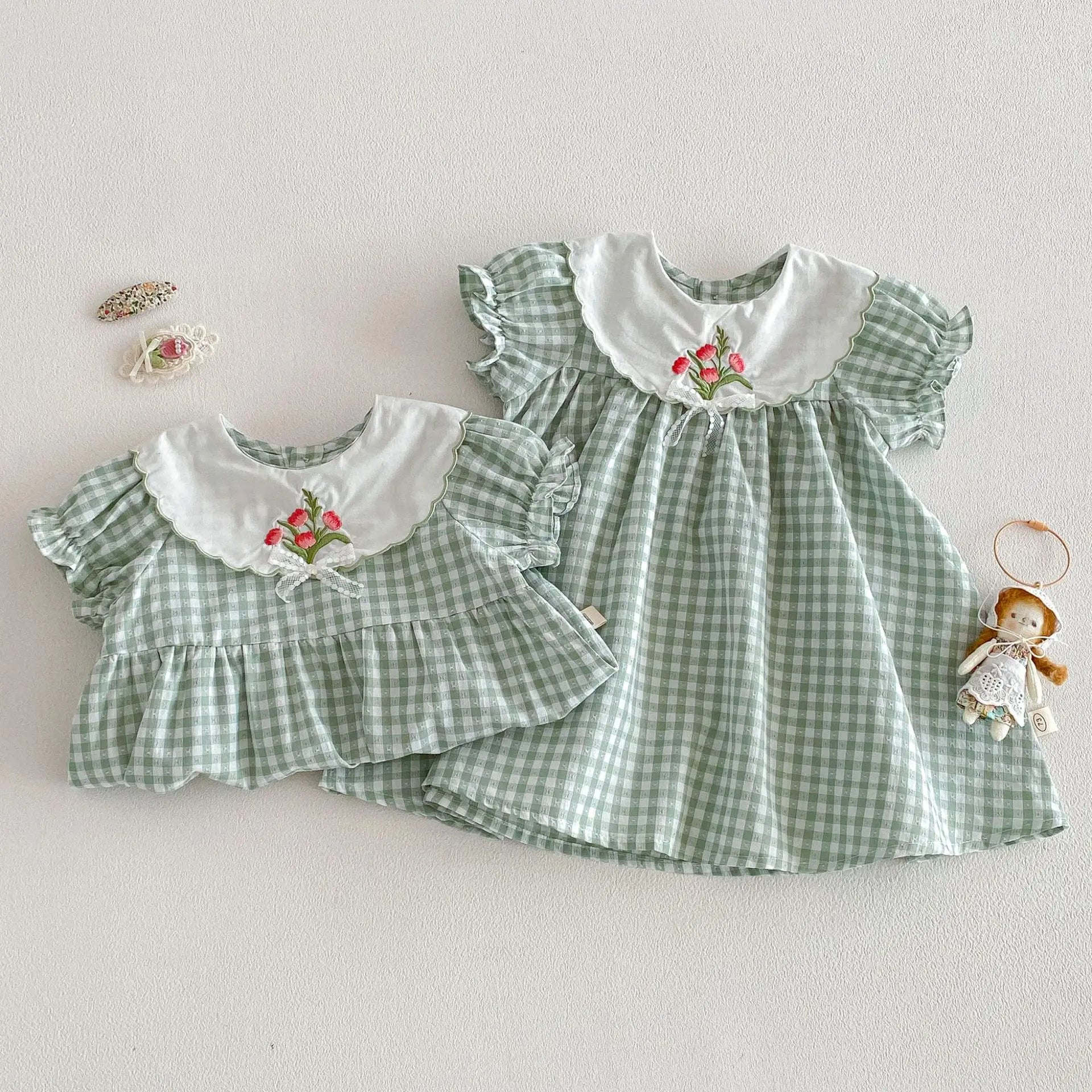 3M-2Y Summer Pastorale Style Plaid Baby Bodysuit Floral Embroidered Peter Pan Collar One Piece Clothes Green Soft Girls Romper